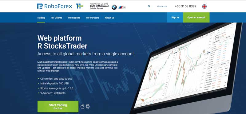 A screenshot that shows information about the R StocksTrader platform on the RoboForex website