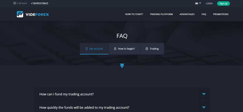 A screenshot that shows the information about the FAQ section on the VIDEFOREX website