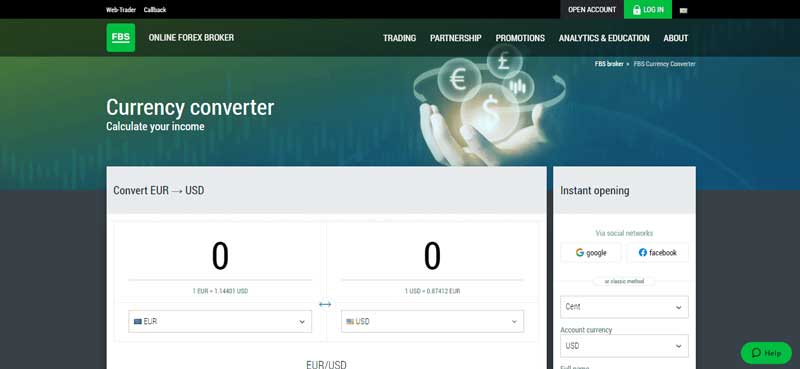 A screenshot that epitomises the information about the FBS currency converter section in the FBS online broker website