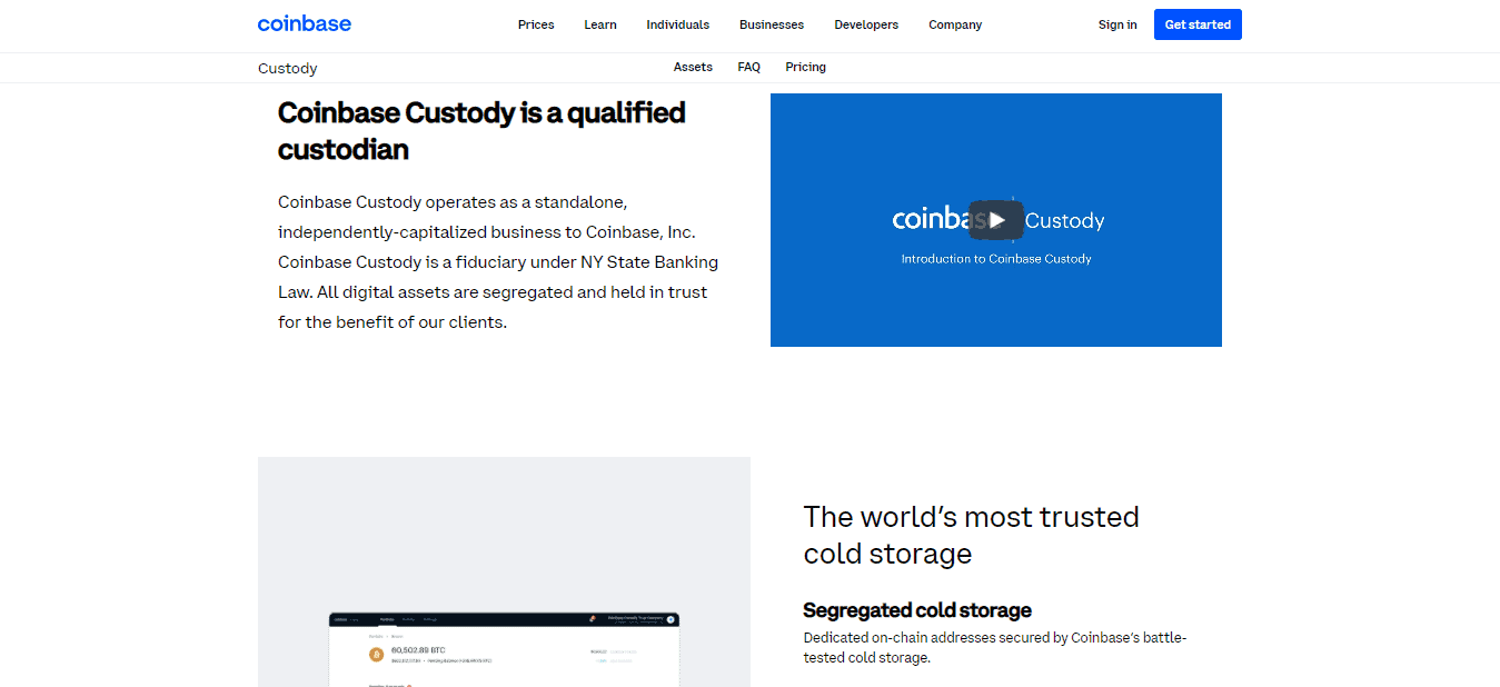 A Screenshot of Coinbase Custody and Vault on the Coinbase website