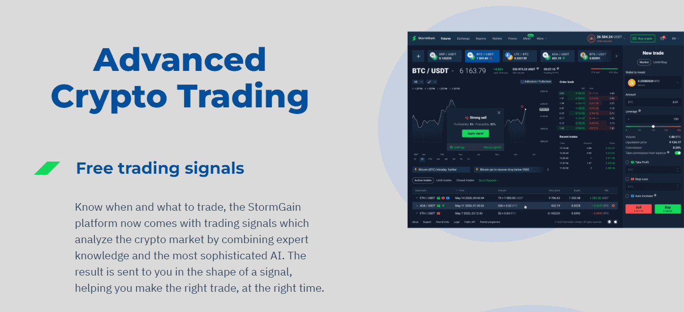 A screenshot of the details of the free Trading signals on the StormGain broker website