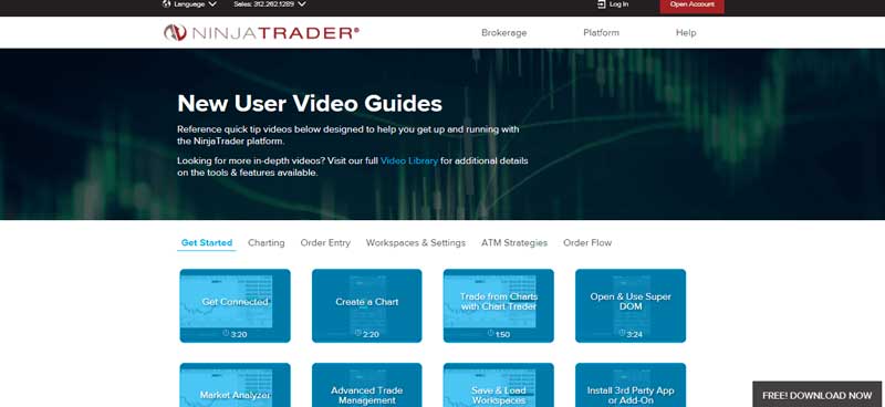 A screenshot of the page which shows the Education and Research section on the Ninja Trader website