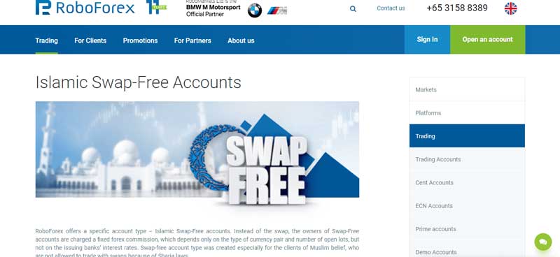 A screenshot that shows information about Islamic-Swap free accounts section on the RoboForex website