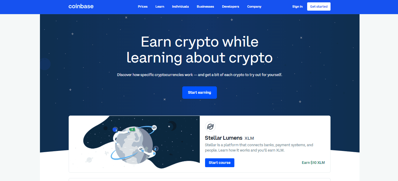 A Screenshot of the Coinbase Learn & Earn section on the Coinbase website