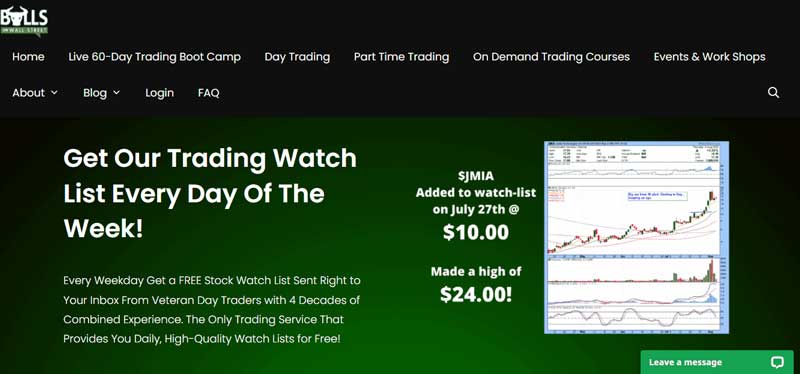 A screenshot of the description of the trading watch list on the Bulls on Wall Street website