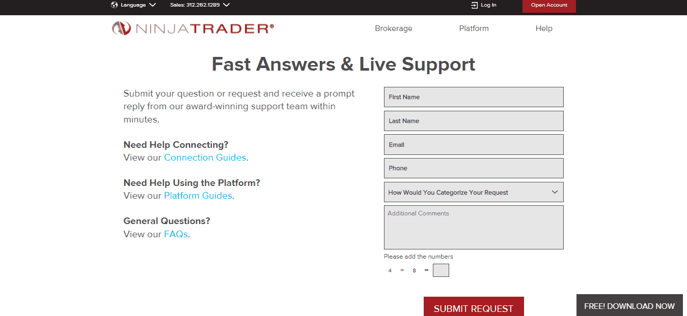 A screenshot of the page which shows the customer support section on the Ninja Trader website