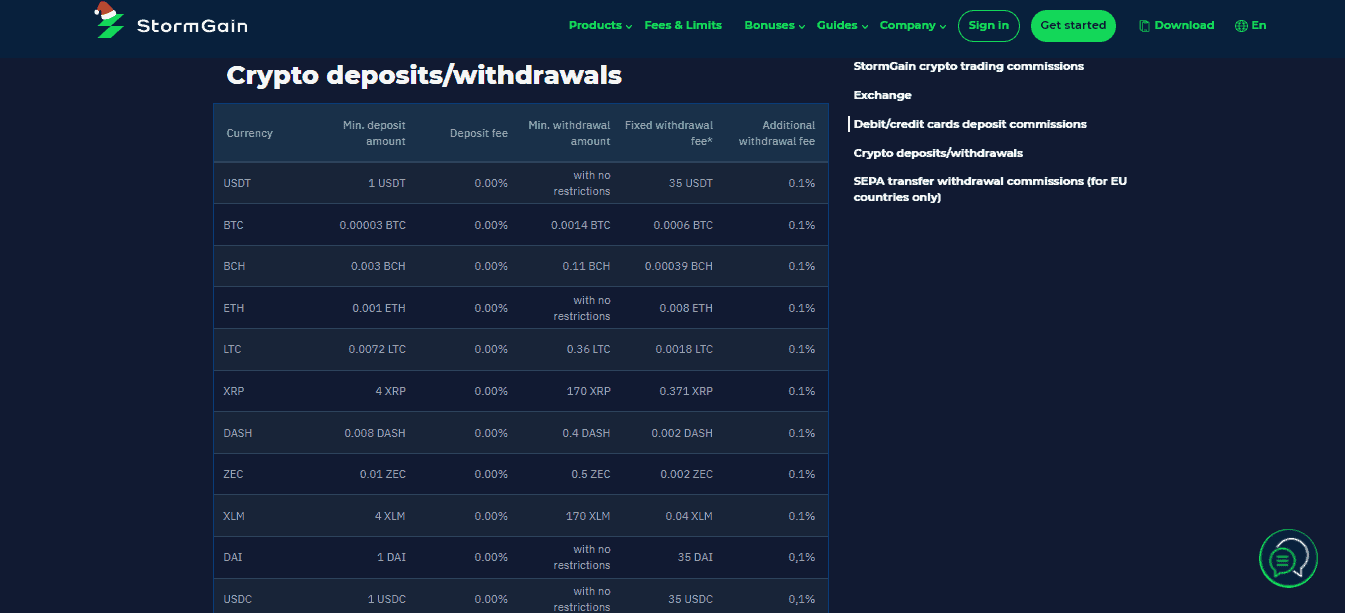 A screenshot of the Deposit & withdrawal method section of the StormGain Broker website