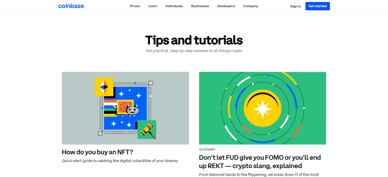 A Screenshot of the Coinbase Tips & Tutorials section on the Coinbase website