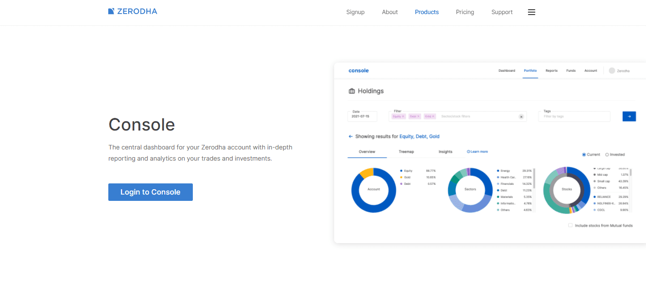 The screenshot of console information on the Zerodha broker website