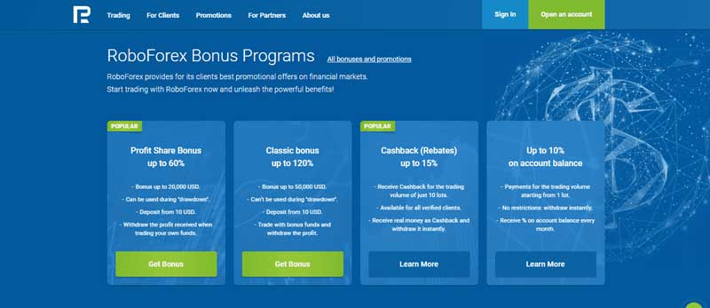 A screenshot that shows information about Bonus programs provided by RoboForex on the RoboForex website