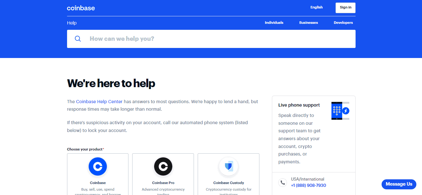 A Screenshot of the Customer support section of the Coinbase website