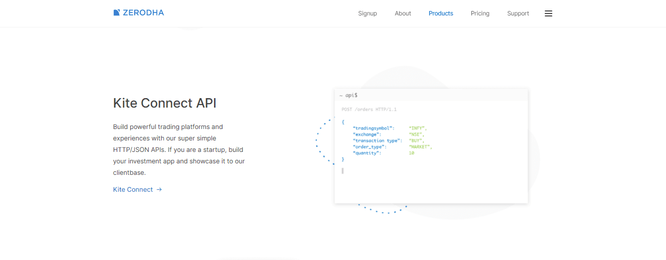 The screenshot of Kite connect API details on the Zerodha broker website