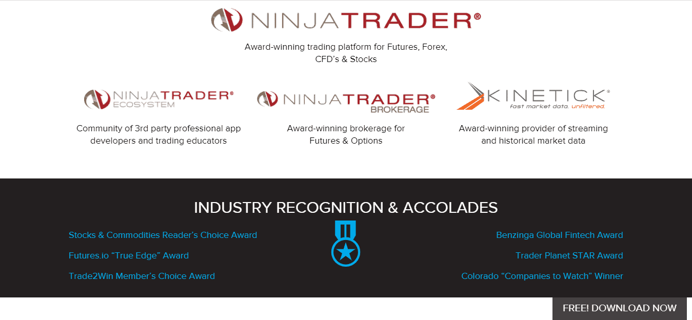 The screenshot of the home page which shows the awards won by Ninja Trader on the Ninja Trader website