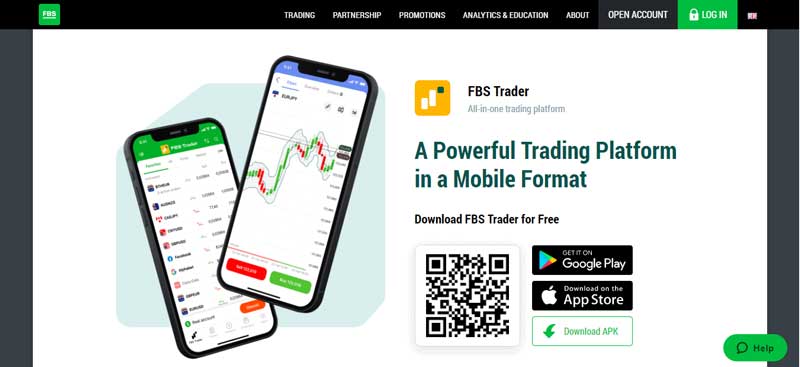 A screenshot of the home page of the FBS online broker that shows the information about the FBS Trader platform