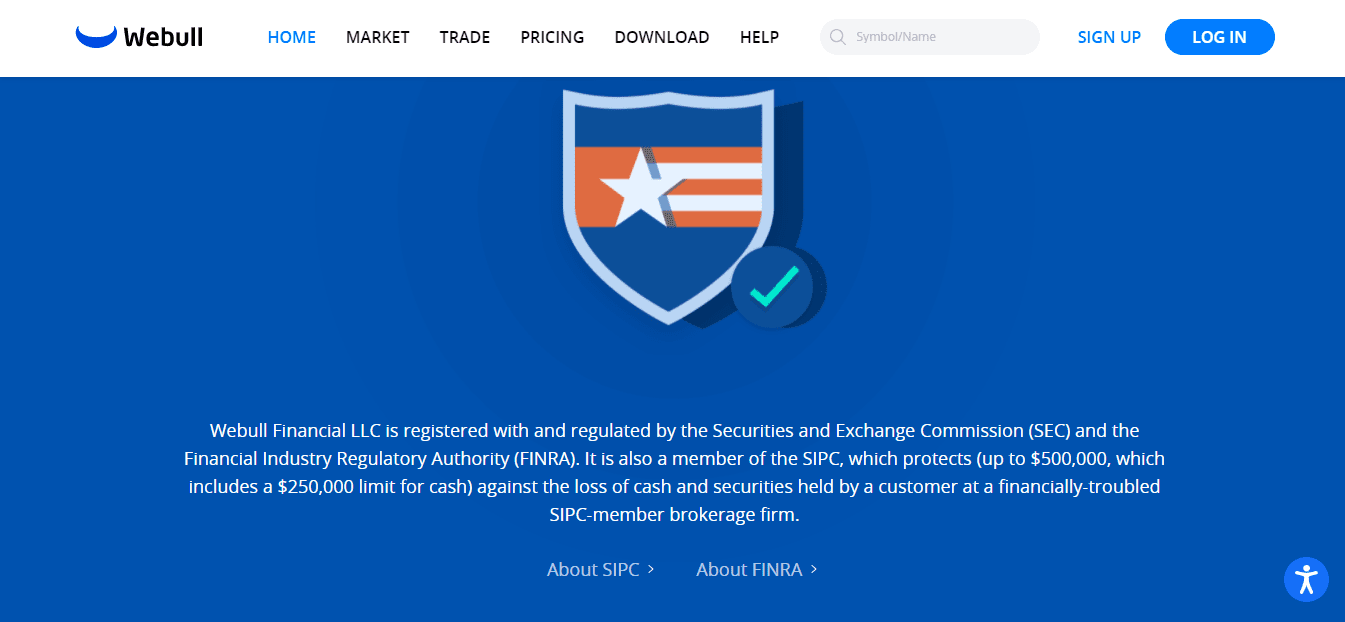 A screenshot of the home page which shows the Regulation of Webull by SEC, FINRA