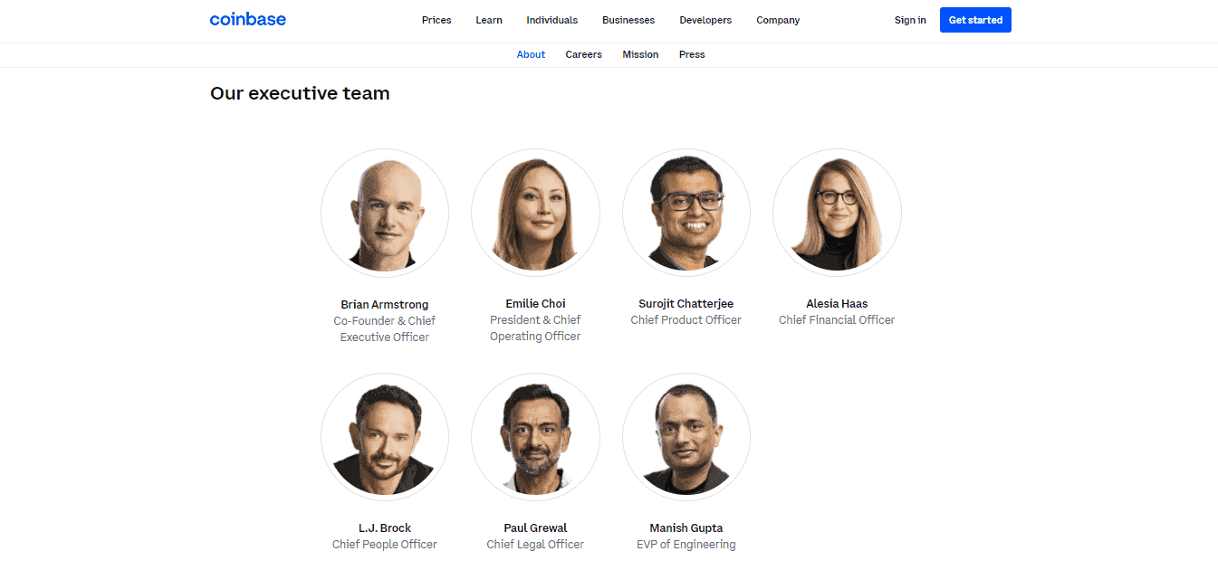 Screenshot of the home page which shows the Executive team in the Coinbase website