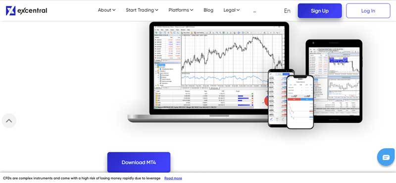 A screenshot of the home page of the eXcentral which shows the information about the MT4 Trading platform