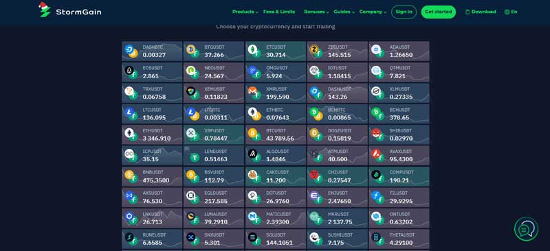 A screenshot of the Most Traded Crypto assets in the StormGain broker website