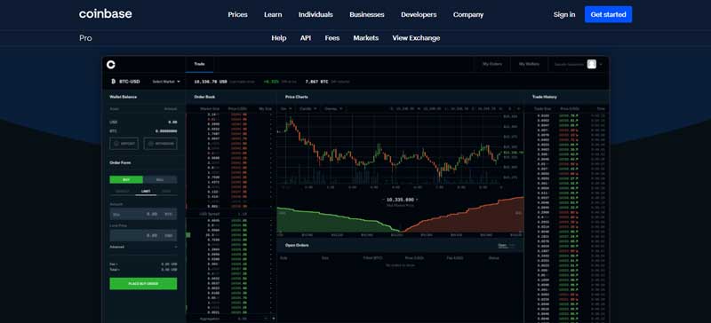 Screenshot of the home page of the Coinbase Pro Platform on the Coinbase website