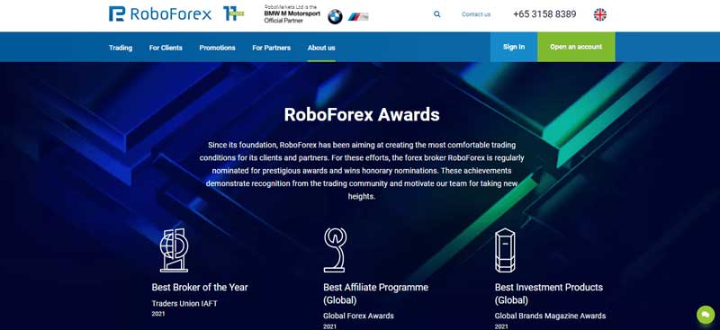 The screenshot of the page that shows the awards won by RoboForex on the RoboForex website