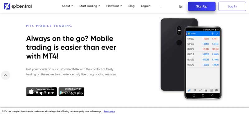 A screenshot of the home page of eXcentral which shows the information about the MT4 Mobile Trading platform