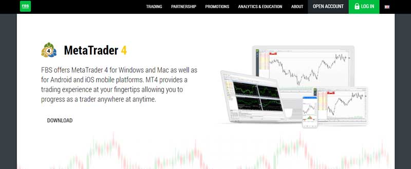 A screenshot of the MetaTrader 4 trading platform on the FBS online broker website