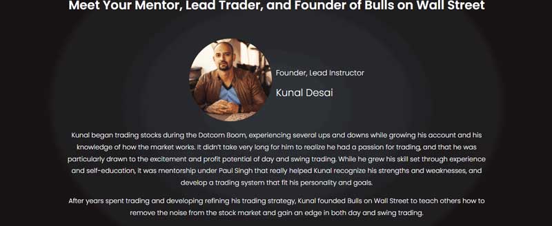 A screenshot from the Bulls on Wall Street website which has information about the founder of Bulls on Wall Street