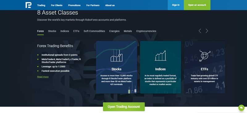 A screenshot of the home page of the Asset class section on the RoboForex website