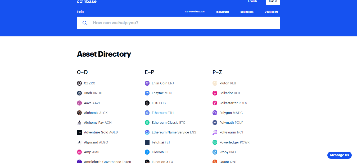 A screenshot of the Home page of the Asset directory on the Coinbase website