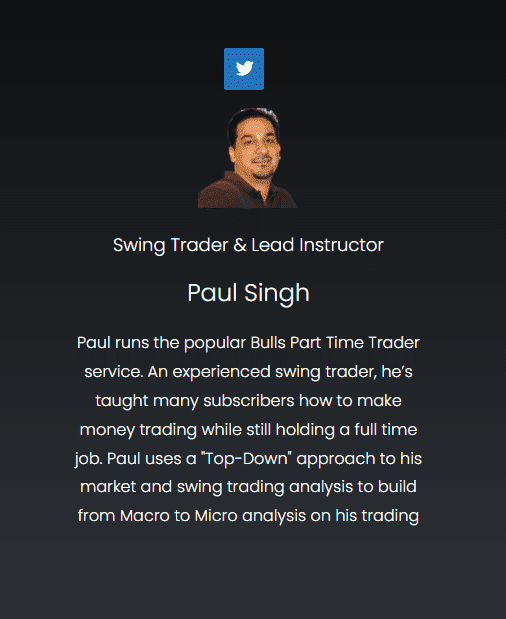 A screenshot from the Bulls on Wall Street website which has information about the Lead instructor Paul Singh of Bulls on Wall Street