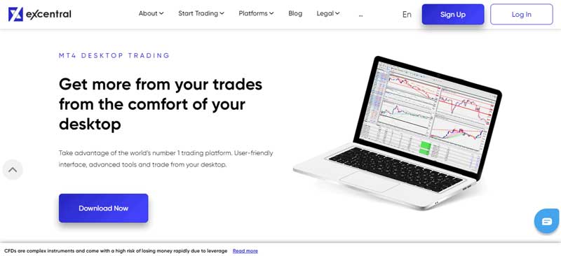 A screenshot of the home page of the eXcentral which shows the information about the MT4 Desktop Trading platform