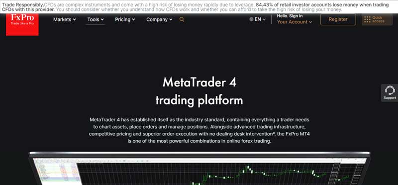 A screenshot that shows the information about the MetaTrader4 platform on the FxPro website