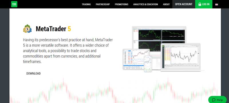 A screenshot that shows the information about the MetaTrader 5 trading platform on the FBS online broker website