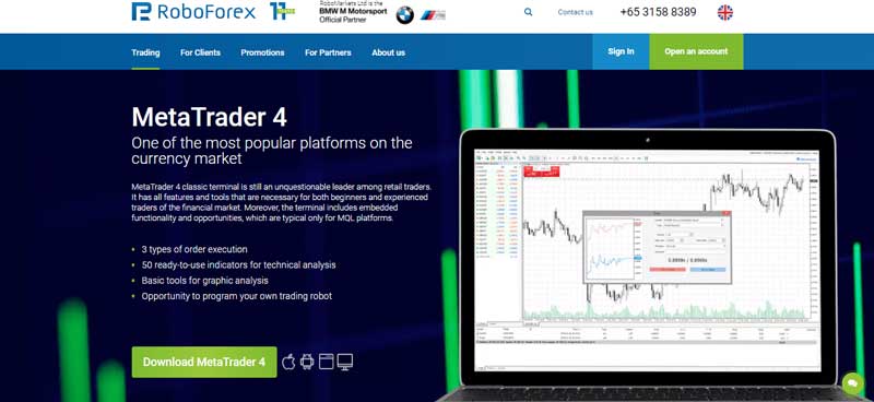 A screenshot that shows information about the MetaTrader 4 platform on the RoboForex website