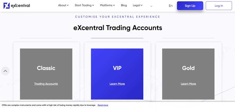 A screenshot that depicts the information about Trading accounts on the eXcentral website