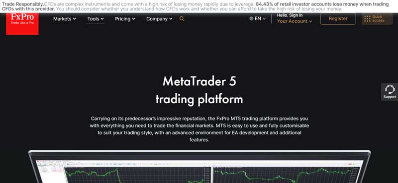 A screenshot that shows the information about the MetaTrader5 platform on the FxPro website