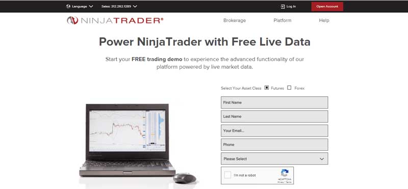 A screenshot of the page which shows the free demo account on the Ninja Trader website