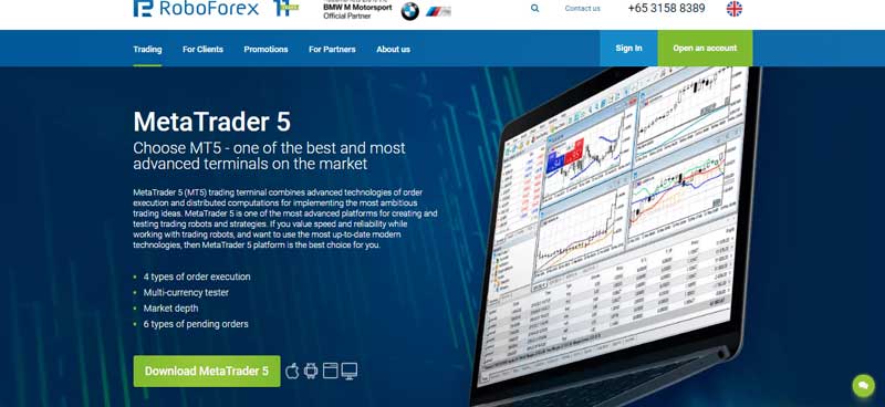 A screenshot that shows information about the MetaTrader 5 platform on the RoboForex website