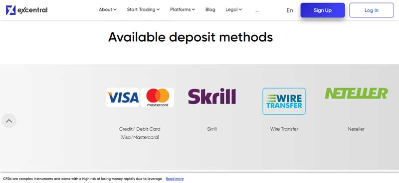 A Screenshot that shows the information about Deposit methods on the eXcentral website