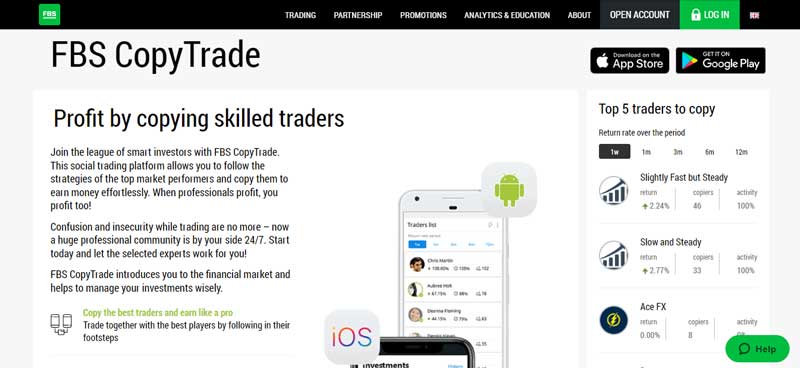 A screenshot that represents the information about Copy trading section in the FBS online broker website