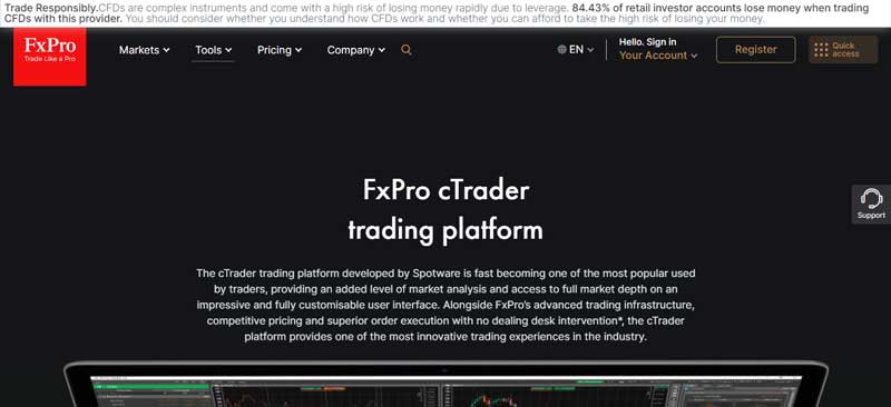 A screenshot that shows the information about the FxPro Ctrader platform on the FxPro website