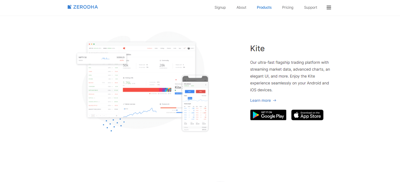 The screenshot of the home page of the Kite Trading platform on the Zerodha broker website