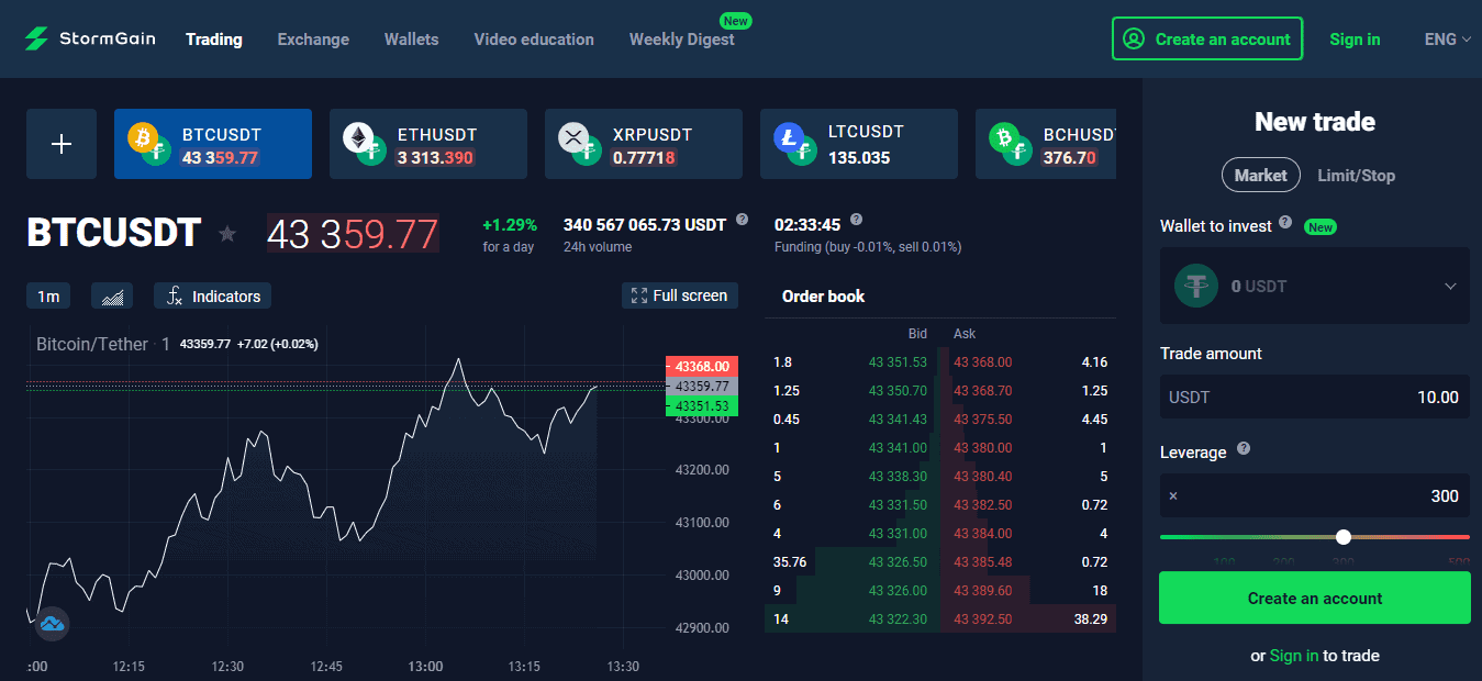 A screenshot of the home page of the Web Trading platform on the StormGain broker website