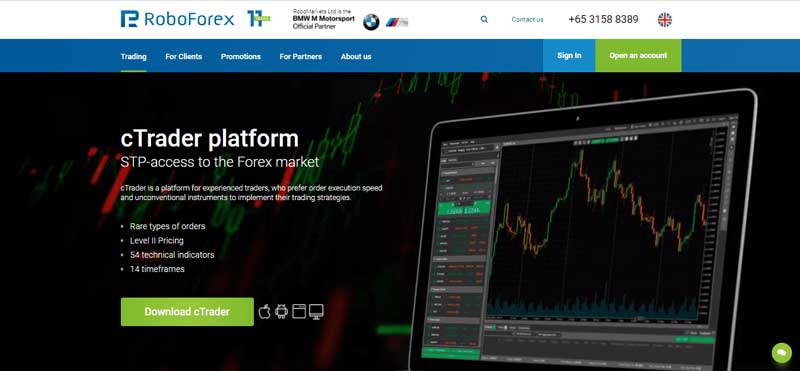 A screenshot that shows information about the cTrader platform on the RoboForex website