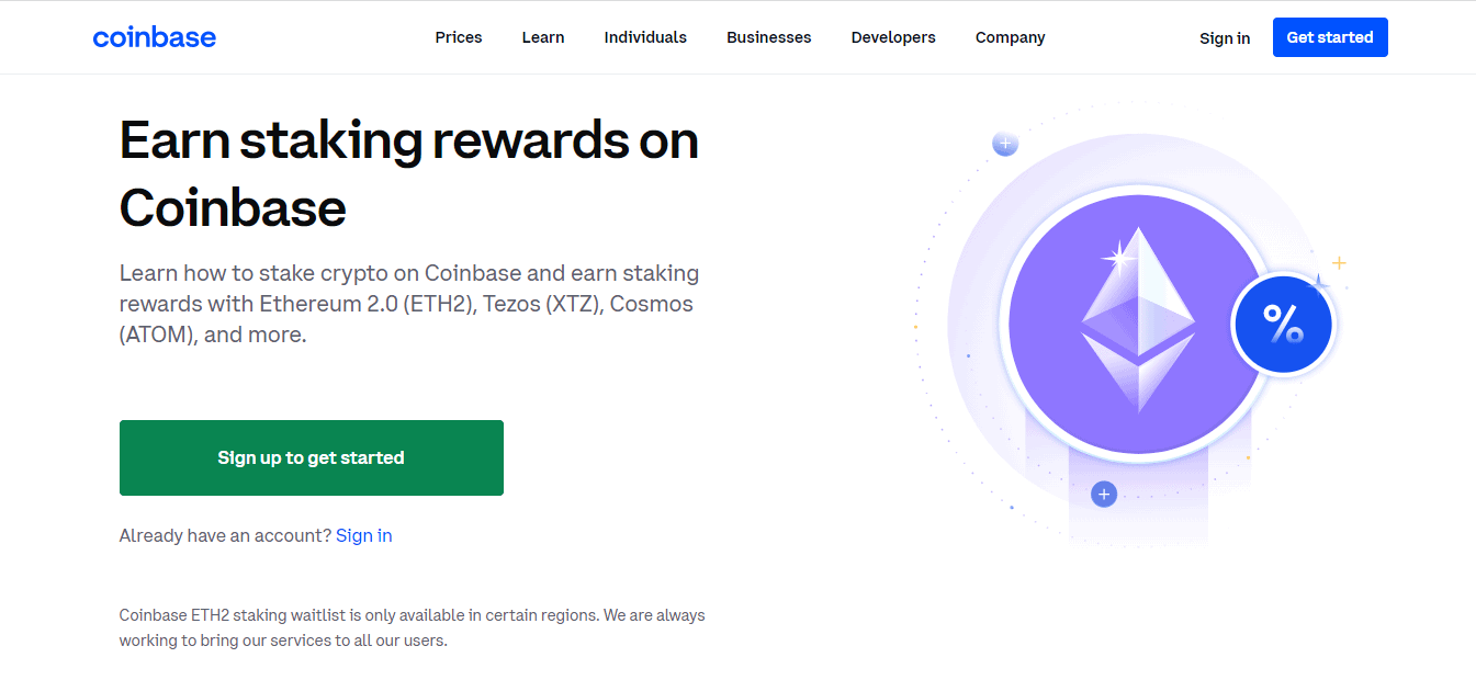 Screenshot from the Home page of staking rewards on Coinbase website