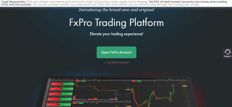 A screenshot that shows the information about the FxPro Trading platform on the FxPro website