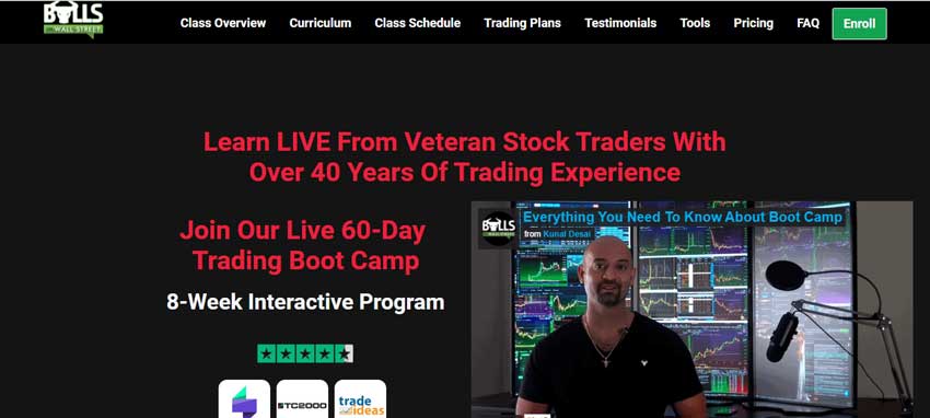 The screenshot which contains the information about the 60-Day Live trading boot camp on the Bulls on Wall Street website