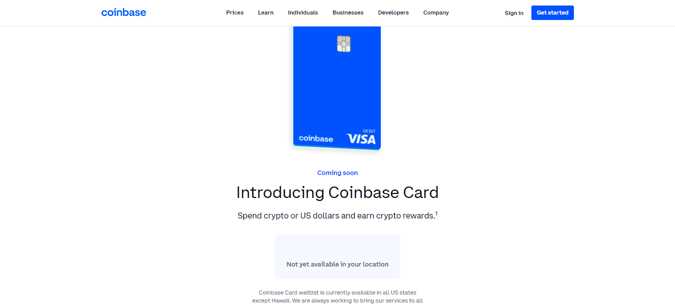 A Screenshot of Coinbase debit card details on the Coinbase website