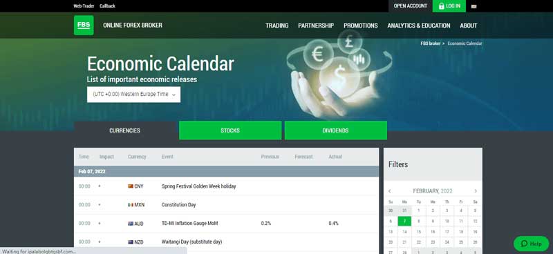 A screenshot that shows the information about the Economic calendar section in the FBS online broker website