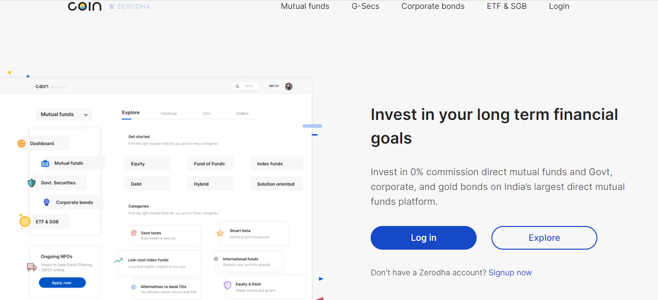 The screenshot of the Zerodha coin information on the Zerodha broker website